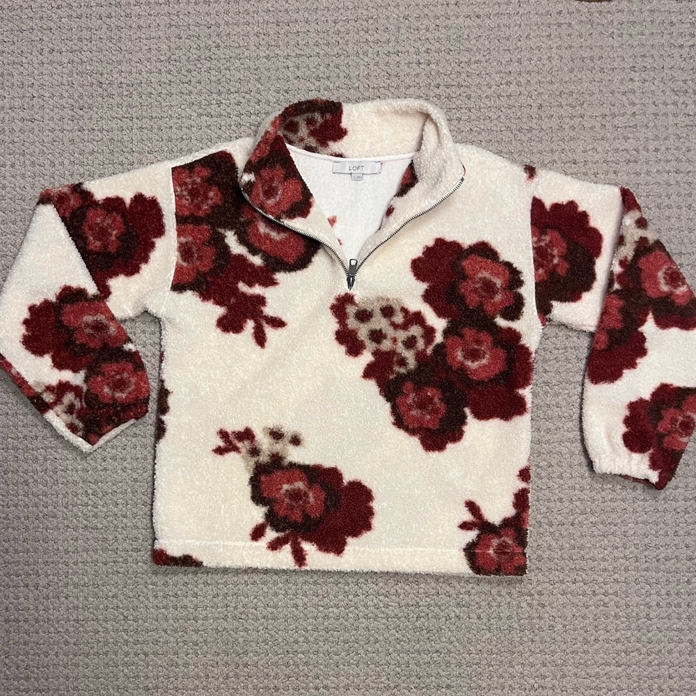 Ann Taylor Loft Floral Fleece Sherpa 1/4 zip Pullover sweatshirt
